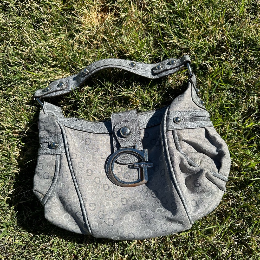 Guess Vintage Y2K Gray Shoulder Hobo Purse Patent Crocodile Silver Buckle Rare